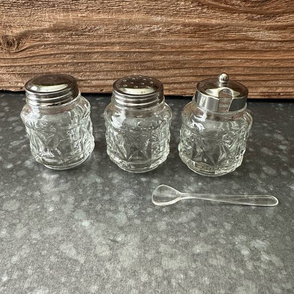 Vintage Glass Condiment Set Salt Pepper Shakers Spice Sugar Jam Jar With Spoon - Picture 1 of 4
